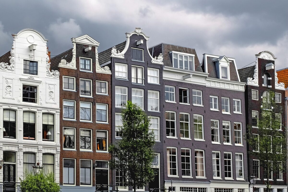 home, house, facade, brick, painted brick, architecture, cloudy weather, amsterdam, netherlands, holland, europe, gray home, gray painting, gray paint